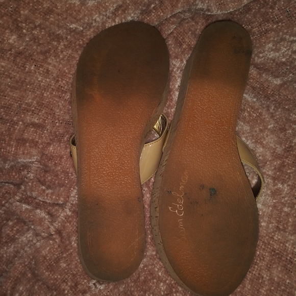 SAM EDELMAN 'Romy 'Nude Tan Patent Cork Wedge Platform Thong Sandals - Picture 6 of 7